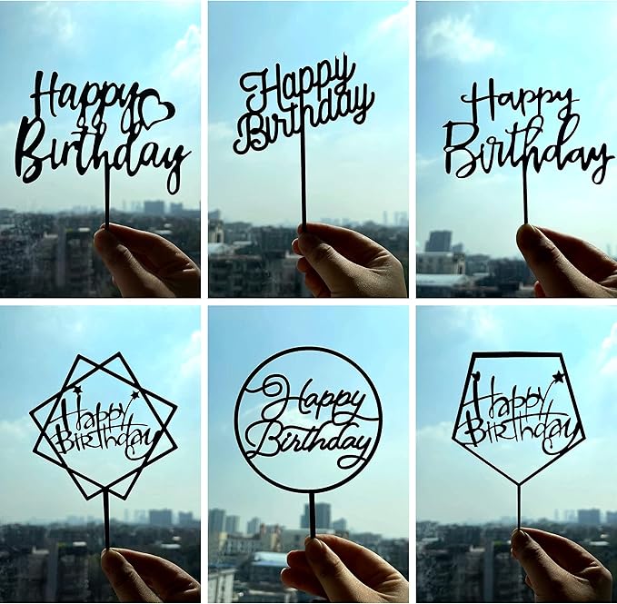 6-Pack Black Birthday Cake Topper Set, Double-Sided Shiny Black, Acrylic Happy Birthday Sign Cake Toppers/Cupcake Toppers, Party Decorations Supplies for Cool Guy.