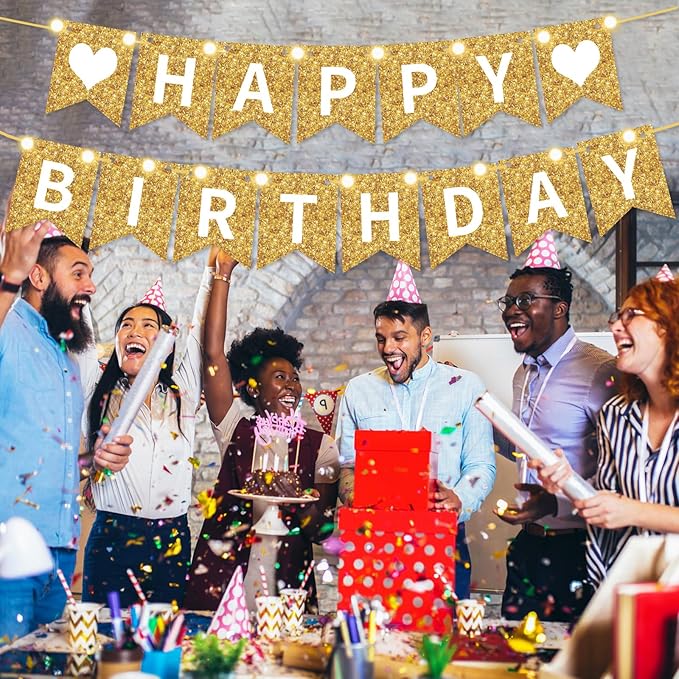 TaoBary 135 Pcs DIY Banner Custom Letters Kit Make Your Own Banner for Birthday Graduation Party Decor Include 107 Letters and Numbers, 16 Symbols, 2 String Lights, 5 Needles, 5 Rope (Gold)