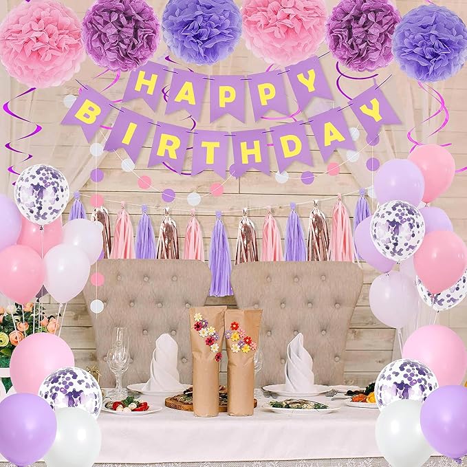 Purple Pink Birthday Party Decorations for Women Girls with Happy Birthday Banner,Hanging Swirls,Tissue Paper Pompoms,Circle Dots Garland,Tassel Garland Purple Balloons