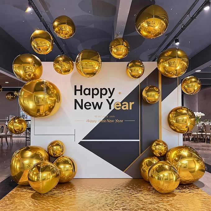 14 Pcs Gold Round Foil Balloons 22/15/10 4D Ball Balloons Metallic Golden Balloon Ornament Mylar Balloon Chrome for Graduation Birthday Wedding Anniversary New Year Disco Party Decorations