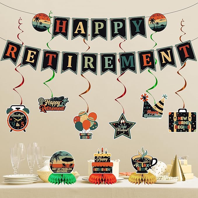 Vlipoeasn Retirement Decorations for Men Women, Colorful Vintage Retirement Party Set with Banner Honeycomb Centerpieces Hanging Swirls, Office Retired Farewell Decor