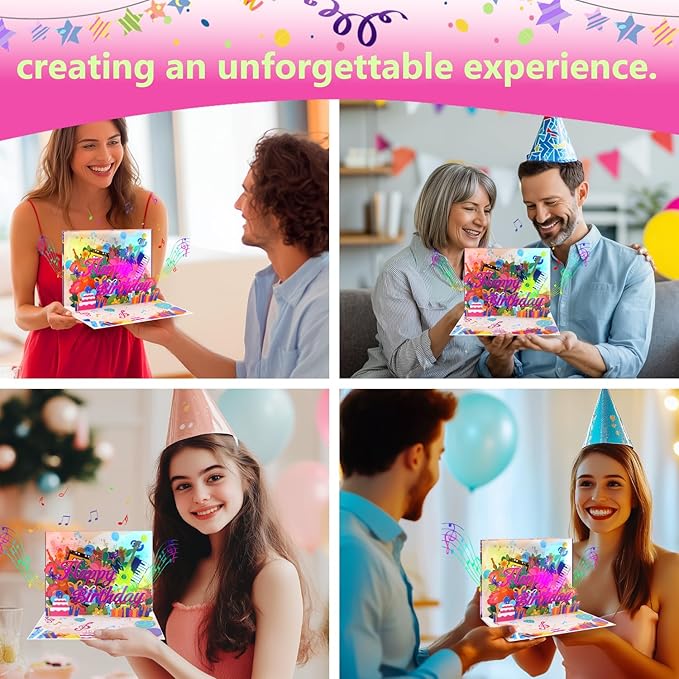 Musical Birthday Pop Up Card with Lights Sound, 3D Guitars Violins Happy Birthday Greeting Card - Plays 'Happy Birthday' Song, Auto LED Light Up, Includes Envelope Blank Note - Gift for Musicians and Music Lover