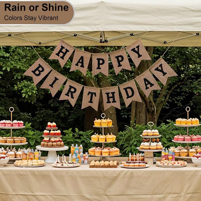 Happy Birthday Banner - Pre‑Strung Burlap Birthday Decorations and Reusable Birthday Sign for Men, Women & Kids | Party Supplies Backdrop (Black)