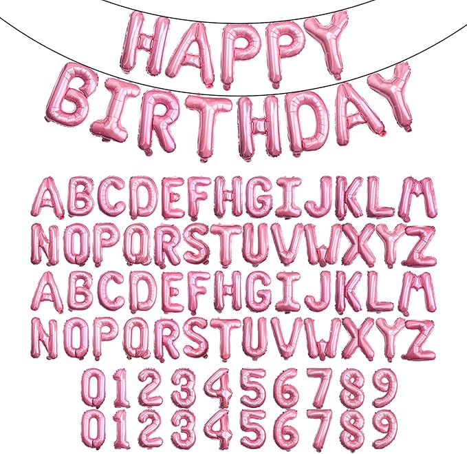 [85 PCS] 16" Pink Letter Number Balloons, Happy Birthday & 2 Sets of A-Z 0-9, Foil Mylar Aluminum Hanging Alphabet for Graduation New Year eve Birthday Party Decorations
