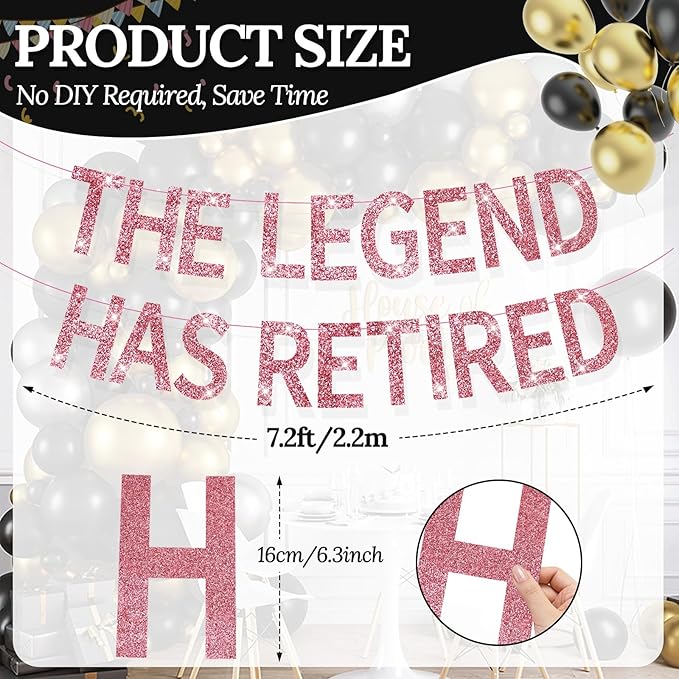 The Legend Has Retired Banner Rose Gold Glitter Pre-Strung No DIY Retirement Banner Decorations for Men Women Retirement Party Supplies(Rose Gold)