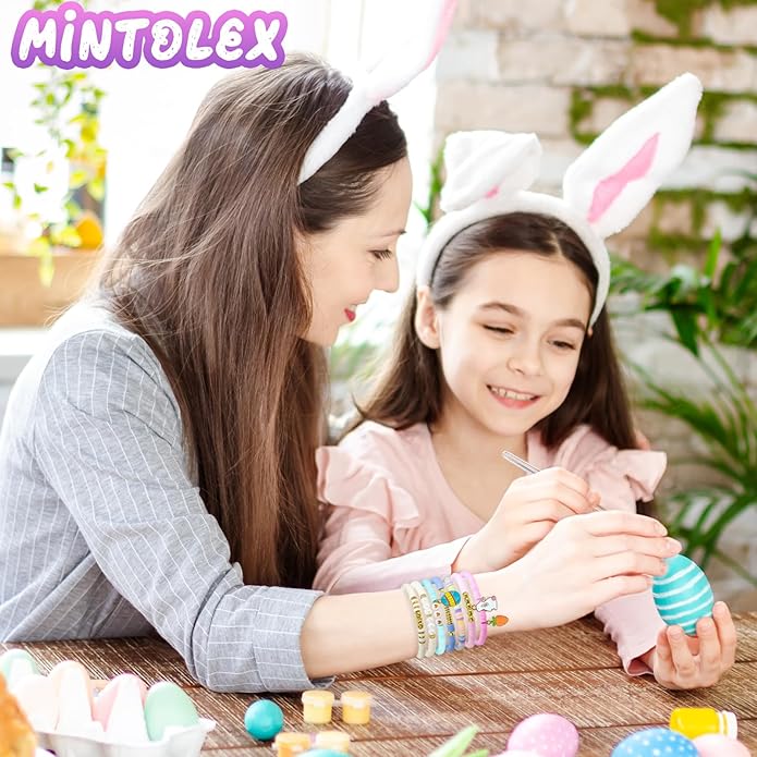 7 Pcs Easter Bracelets for Women with Bunny Carrot and Egg Charms Pastel Preppy Stretch Polymer Clay Beads Stackable Jewelry Set for Easter Gifts and Spring