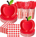 400 Pcs Apple Party Decorations Supplies Apple Shaped Paper Plates Red Gingham Napkins and Cups Serve 50 Fruit Themed Disposable Tableware Set for Teacher Appreciation Graduation Party