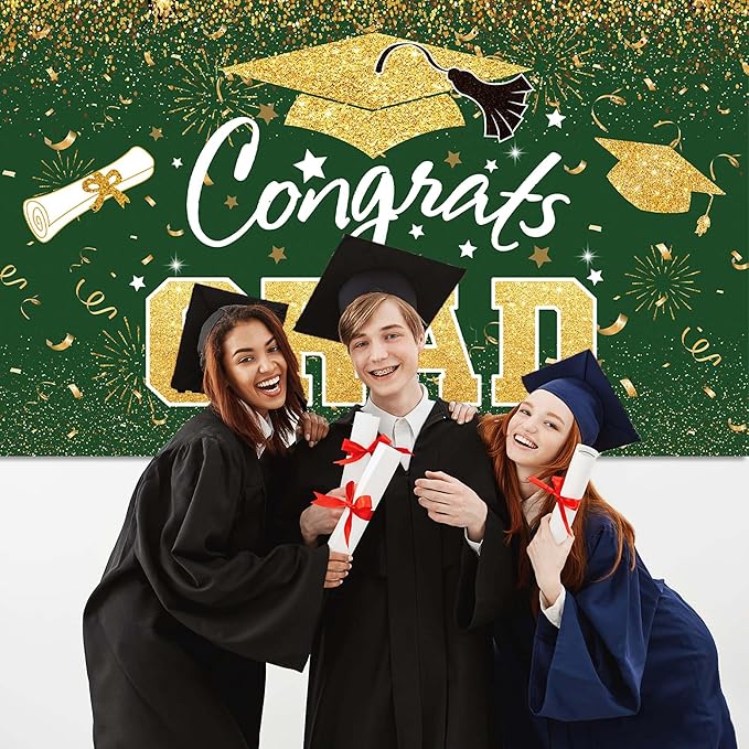 Graduation Party Decorations - Green Gold Congrats Grad Class of 2026 Backdrop Banner Large Sign Wall Decorations Photography Background Party Supplies for 2026 Graduation Party Decorations