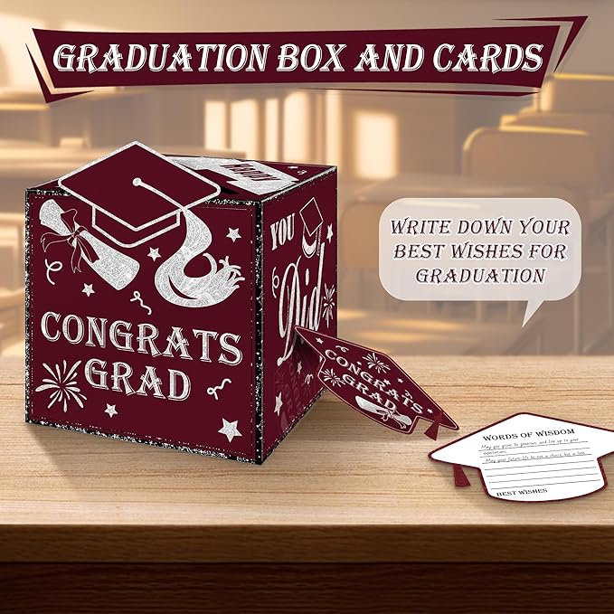 AYGXU Graduation cards 2026 with Graduation Card Box Holder,Congrats Grad Foldable Cardboard Decorations Box for Graduation party,graduation money box,School College Graduation Party-maroon box.