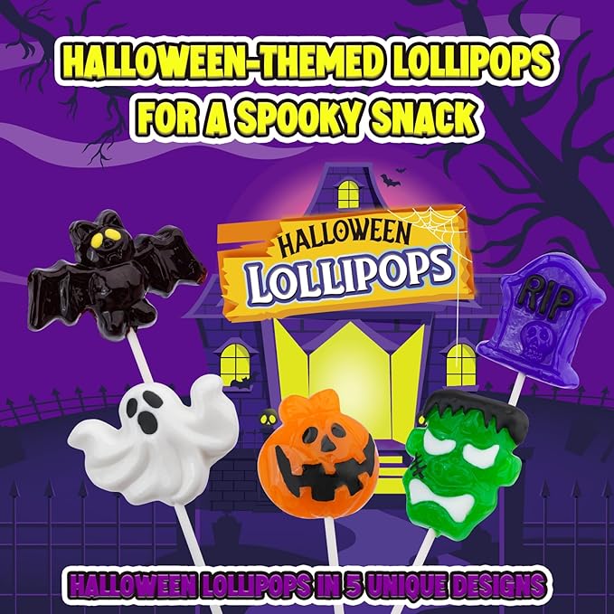 Amos Halloween Candy Lollipops, 15ct Individually Wrapped Monster Variety Suckers – Fun Trick-or-Treat Goodie Bag & Party Favor Candy