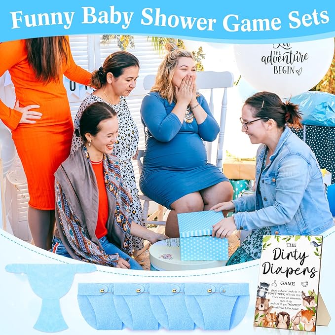Roowest 51 Pcs Dirty Diaper Baby Shower Games Funny Wooden Sign with 50 Pcs Mini Diapers Cute Felt for Gender Reveal Party Baby Shower(Woodland Animals)