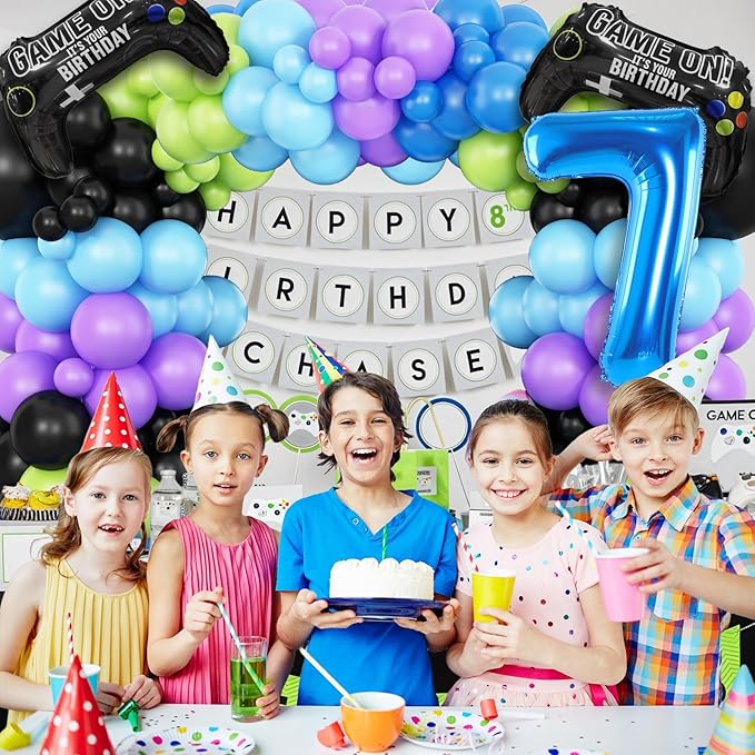 7th Birthday Video Game Balloons Arch, 7th Party Balloons Garland Kit 7th Birthday Supplies with Blue Number 7 Balloon Game Foil Balloons for 7 Year Old Teens Boys Decor