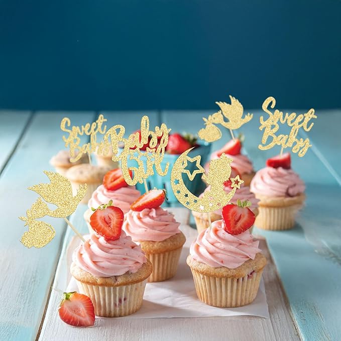24Pcs Babyshower Girl Cupcake Toppers Glitter Moon Star Sweet Baby Gender Reveal Cupcake Picks Baby Shower Kids Girls Birthday Party Cake Decorations Supplies Gold