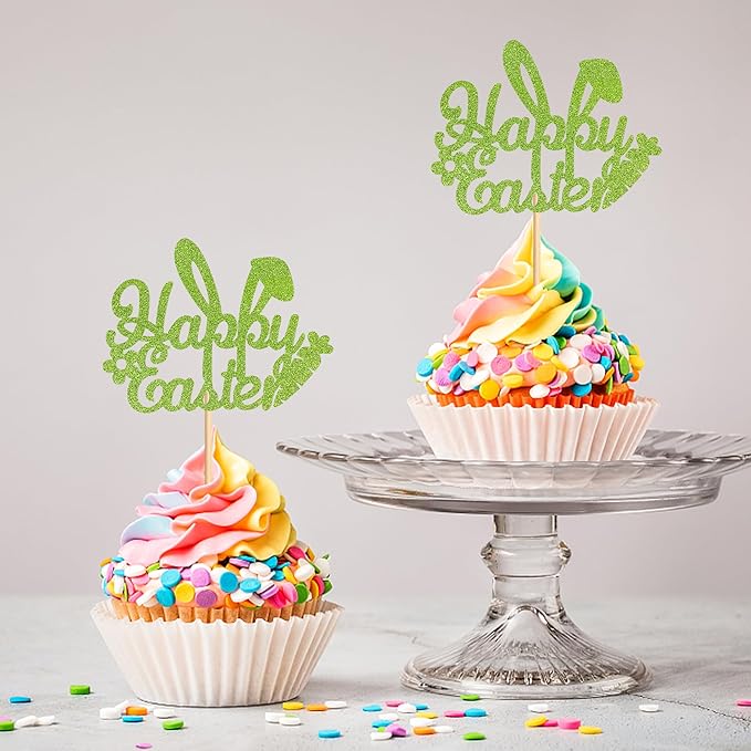 Ercadio 24Pcs Happy Easter Cupcake Toppers Glitter Green Happy Easter Bunny Ears Cupcake Picks for Easter Day Theme Baby Shower Easter Birthday Party Cupcake Decorations