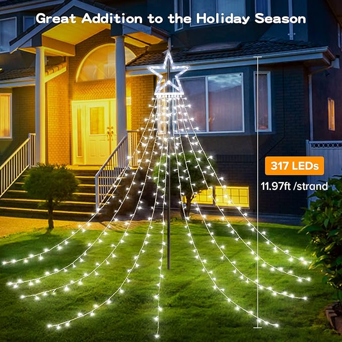 BlcTec Outdoor Christmas Lights 317 LED Christmas Star Lights with 9 Strands 11.9ft Waterfall Tree Lights, 8 Modes, Waterproof & Timer for Garden Yard Patio Outdoor Xmas Decorations, Cool White