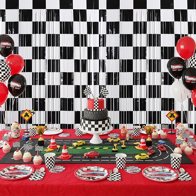 TONIFUL 2Pcs Checkered Door Streamers, Photo Booth Backdrop,Metallic Streamers Checkered Foil Fringe Curtains for Birthday,New Year,St. Patrick's Day Independence Day Labor Day Party (6.6ft x 6.6ft)