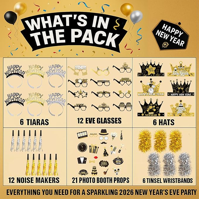 New Years Eve Party Supplies 2026 – 63 PCS Celebration Kit with Headbands, Crown Hats, Glasses, Noise Makers, Photo Booth Props & Wristbands – Gold Silver Happy New Year Decorations