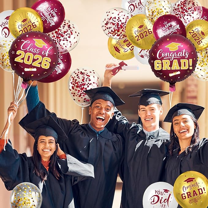 Maroon and Gold Graduation Balloons Graduation Decorations 2026, 51Pcs Grad Latex Balloons and Grad Foil Balloon with Confetti Ribbons Grad Party Decorations for College High School