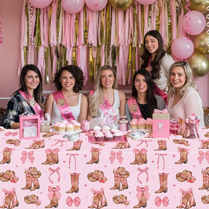 4Pcs Western Cowgirl Tablecloth Coquette Bow Cowgirl Birthday Party Tablecover 51x86 inch Cowboy Rodeo Table Cloth Western Theme Party Decoration Birthday Party Supplies