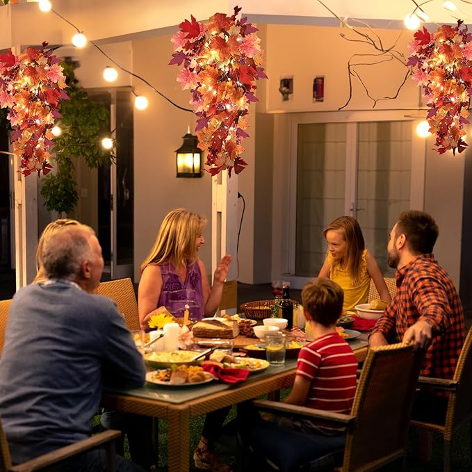 Halloween Garland Decor Indoor Table Decorations Fall Wall Hanging Artificial Black Maple Leaf Vine Decorations for Home (2 Pcs Fall Light, Set with Light)