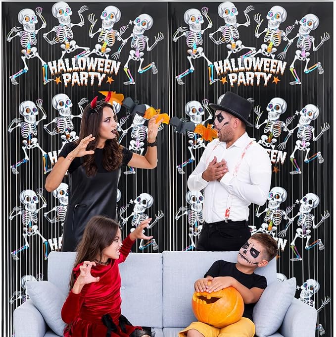 GOER Foil Curtain Backdrop for Halloween Party Decorations| Metallic Tinsel Halloween Theme Photo Booth Props (2 Pcs)