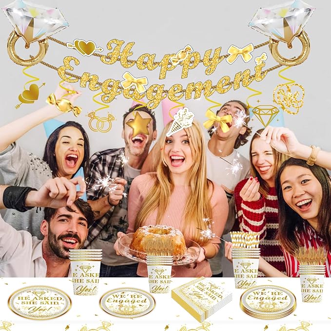 141PCS Engagement Party Decorations, Happy Engagement Banner Ring Foil Balloons He Asked She Said Yes Disposable Dinnerware with 1 Pcs Tablecloth, Wedding Proposal Decorations