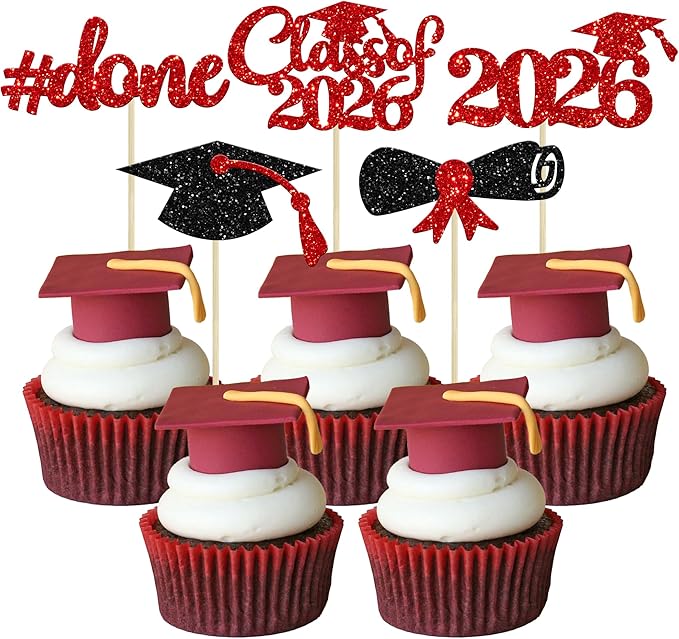 Gyufise 30Pcs 2026 Graduation Cupcake Toppers Red Glitter Class of 2026 Cake Toppers Graduation Done Cupcake Picks Grad Cap Diploma Cake Decorations for 2026 Theme Party Cake Decorations