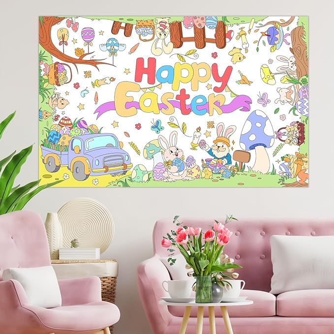Happy Easter Giant Coloring Poster Large Easter Party Tablecloth for Kids, DIY Truck, Eggs,Rabbits, Chickes, Letters, Coloring Party Activity Poster & Table Cover,53x33 inches Jumbo Banner