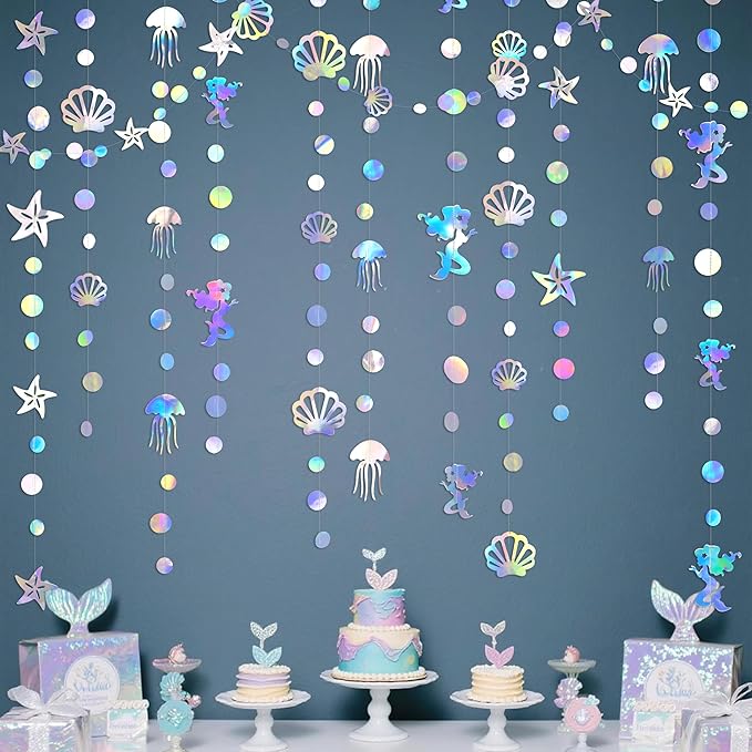 40 Ft Iridescent Mermaid Garland with Jellyfish Seashell Starfish Pearl Holographic Paper Streamer for Little Mermaid Rainbow Theme Birthday Bachelorette Baby Shower Under the Sea Party Decorations
