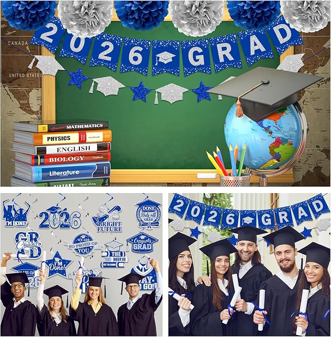 Blue and Silver Graduation Decorations, 2026 Grad Banner and Congrats Grad Hanging Swirls, Blue Graduation Banner Graduations Hanging Swirls College Graduations Party Decorations Class of 2026
