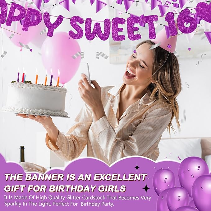Fulmoon Pre Strung Happy Sweet 16 Banner Glitter Sixteenth Birthday Party Decorations 16th Party Sign Sweet 16 Party Decorations for Birthday Party Bachelorette Party(Dark Purple)