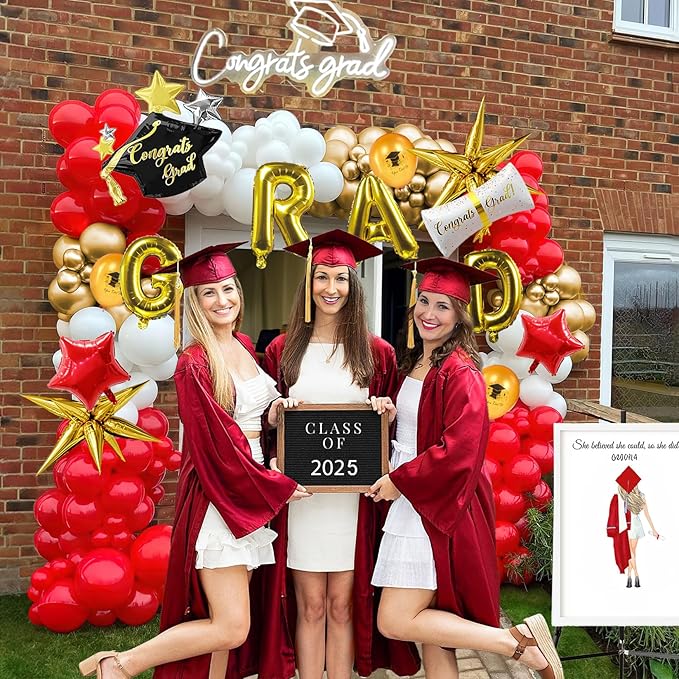 Red Graduation Balloon Garland Arch Kit 115PCS with Graduation Star print Certificate Letter Mylar Foil Balloons for Graduate Class of 2026 Grad Prom party Decorations Supplies (Red Gold White)