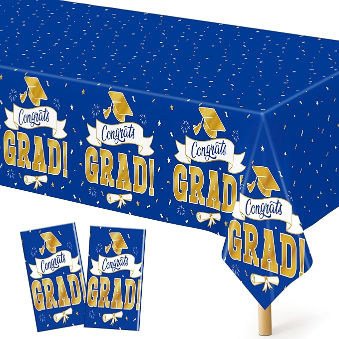 QZYL 2Pack 2026 Graduation Decorations, 108" X 54" Graduation Tablecloth, Bluegold Disposable Table Cloths for Grad Party Favors Supplies, Rectangle Plastic Tablecover for Class 2026 Congrats Grad