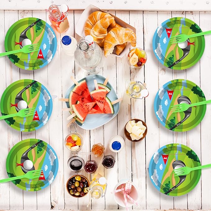 Wiooffen 48pcs Golf Party Plates 7" Golf Party Decorations Paper Disposable Dessert Tablewares Golf Balloons themed Sports Party Birthday Supplies Favors