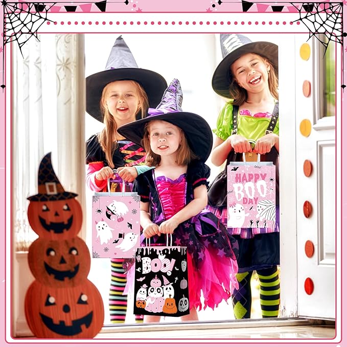 24 Pcs Halloween Party Favors Bags with Handle Trick or Treat Gift Bags Boo Gift Ghost Black and Pink Pumpkin Candy Halloween Goodies Present for Wrapping Birthday Party