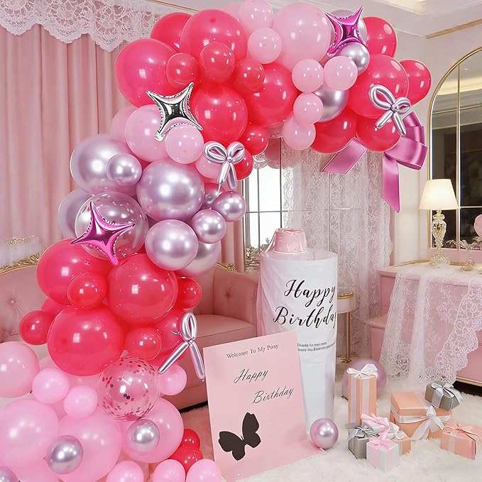 Hot Pink Balloons Garland Arch Kit, Metallic Chrome Magenta Balloon Happy Birthday Decorations Baby Dark Pink Silver Star Confetti Balloons for Girls Birthday Princess Wedding Baby Shower Party Decor