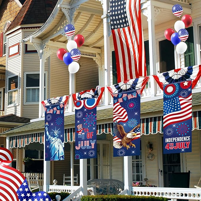 Panelee 4 Pcs 4th of July Decorations Patriotic American Flag Eagle Porch Banner Independence Day Hanging Banner Porch Signs for Independence Memorial Veterans Day Wall Indoor Outdoor Decor(Patriotic)