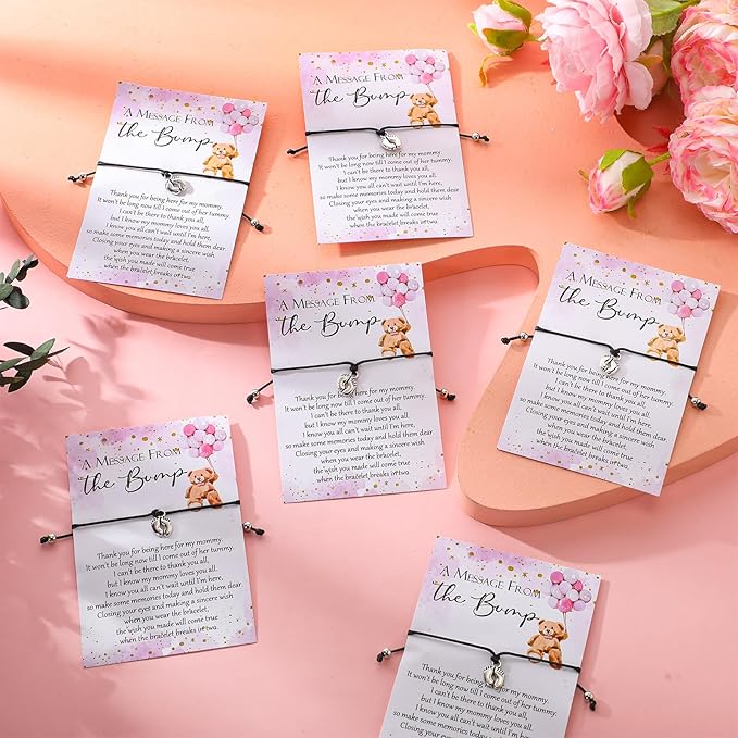 Thyle 50 Set Pink Bear Baby Shower Favors for Guests Adjustable Bracelets with Message from the Bump Card Footprints Charm Baby Shower Bracelets for Gender Reveal Thank You Gifts