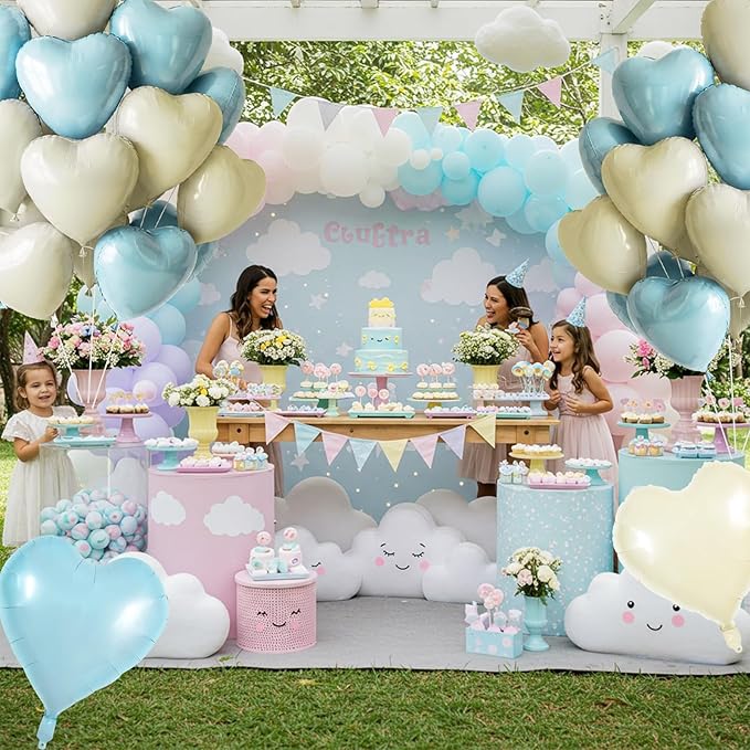 TONIFUL 30Pcs 18 Inch Light Blue Cream White Balloons Pastel Blue Heart Shape Foil Mylar Banners Decoration for Birthday Valentine's Day Wedding Bridal Shower Anniversary Engagement Party Supplies
