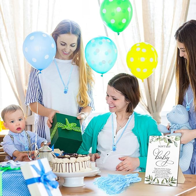 Geetery 51 Pcs Don't Say Baby Game Sign Greenery Cool Baby Shower Game 50 Pacifier Necklace Wooden Don't Say Sign Plastic Pacifier Party Favor for Gender Reveal(Greenery,Blue)