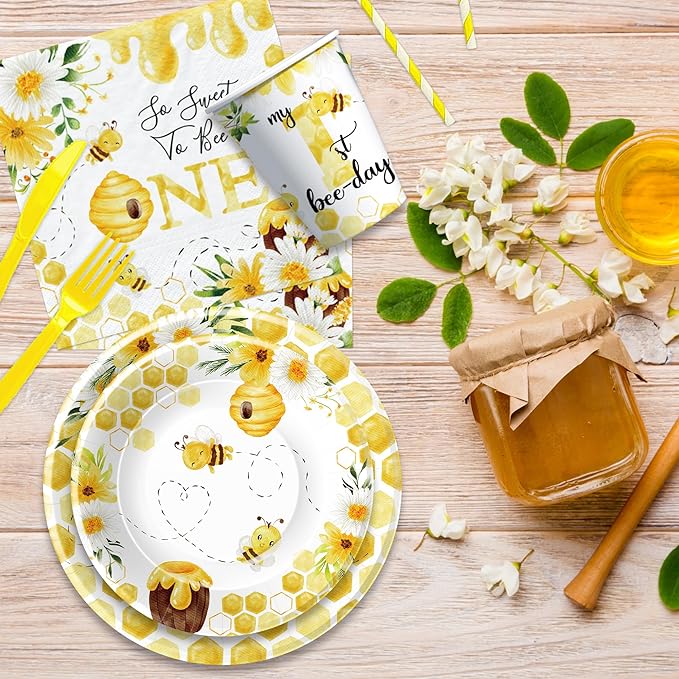 APOWBLS Bee 1st Birthday Party Supplies - Bumble Theme First Bee Day Birthday Decorations Dinnerware, Paper Plates, Cups, Napkins, Tableware Party Forks | Serve 24