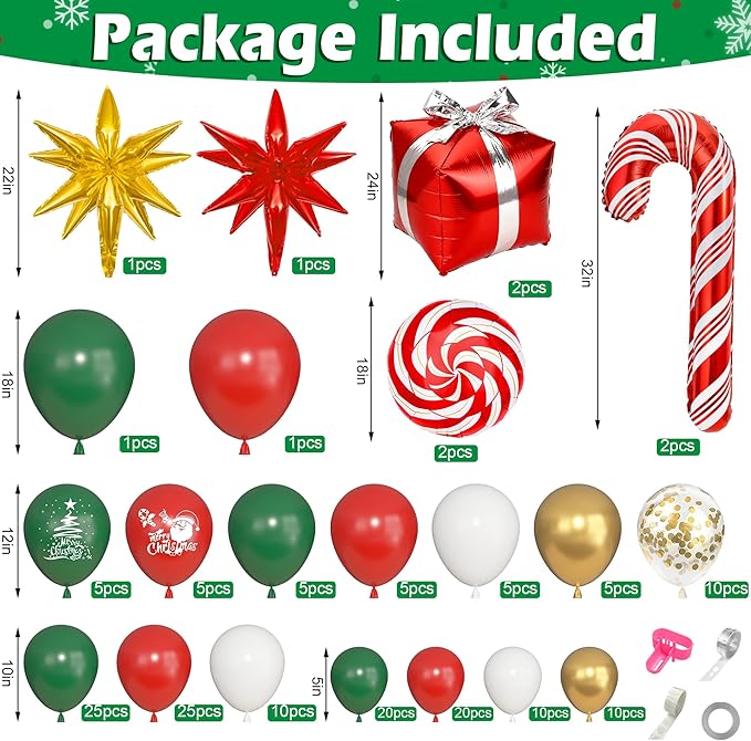 Ouddy Life Christmas Balloon Garland Arch Kit, 174 pcs Red Green White Metallic Gold Balloons Candy Cane Gift Box Star Foil Balloons for Christmas Party Decorations Xmas Baby Shower New Year Decor