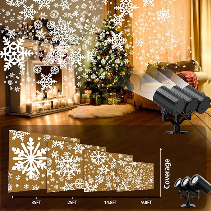 Christmas Snowflake Projector Lights Outdoor 360°Rotating Brightness Three Head Projection Lights Decor Suitable for Christmas, Indoor and Outdoor Party Decorations