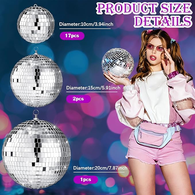 MTLEE 20 Pcs Disco Balls Decorations Assorted Size Party Decor Disco Ball Ornaments Mirror Mini Large Hanging with Rope for Wedding Festival Stage Prop(8,6,4 Inch)
