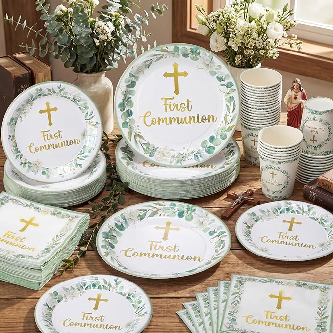 Pickmesh 250 Pcs Green First Holy Communion Disposable Tableware Set God Bless Baptism Disposable Paper Plates Napkins and Cups for Christening Celebration Baby Shower Religious Supplies Serve 50