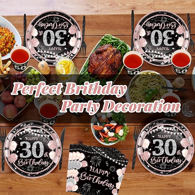 240 Pcs 30th Birthday Decorations 1996 Birthday Party Tableware Include Plates Napkins 9oz Cups Cutlery 30th Anniversary Party Supplies for Men Women Him Her, Serve 30 Guests (Black Pink)