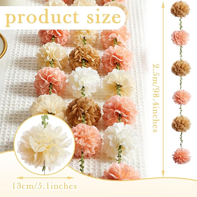 2 Pc Champagne Hanging Paper Flower Garland, 8.2 FT Ombre Tissue Paper Flower Garland, Champagne Gradient Pom Pom Garland for Wedding Backdrop Bridal Shower Engagement Party