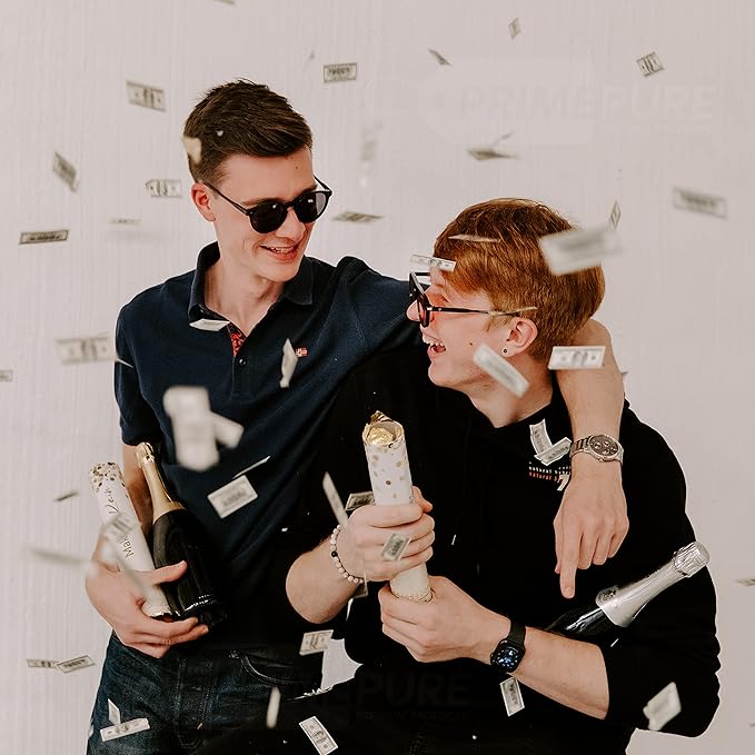 PrimePure Confetti Cannon Party Poppers - Biodegradable Money Confetti Poppers - 2 Pack - Mini 100 Dollar Confetti Party Poppers Shooters for Events, Birthday, Celebrations