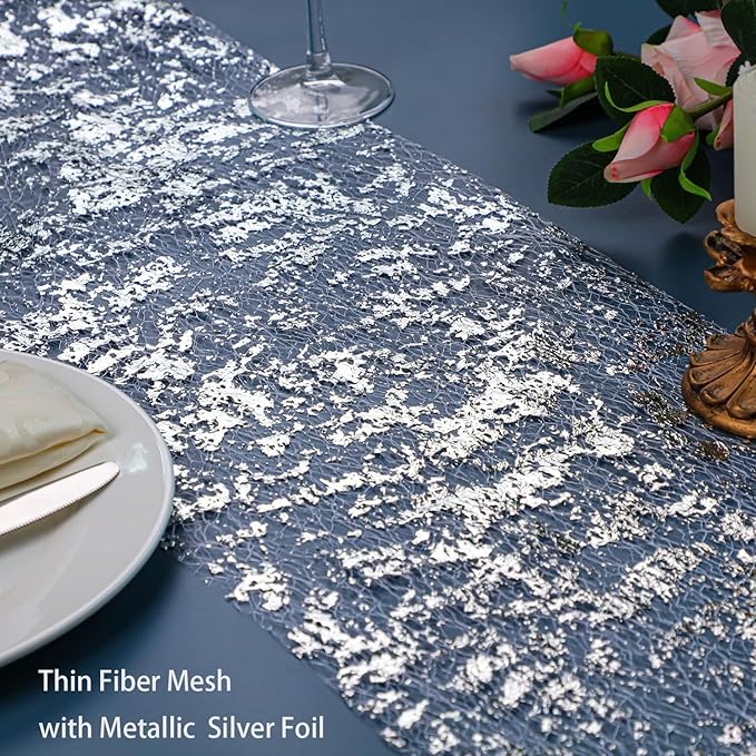 Snowkingdom Silver Table Runner, Sequin Glitter Foil Metallic Mesh Runner Roll 11 Inch x 49 Feet, Silver Table Decorations Centrepiece for Wedding Birthday Party Christmas Baby Shower