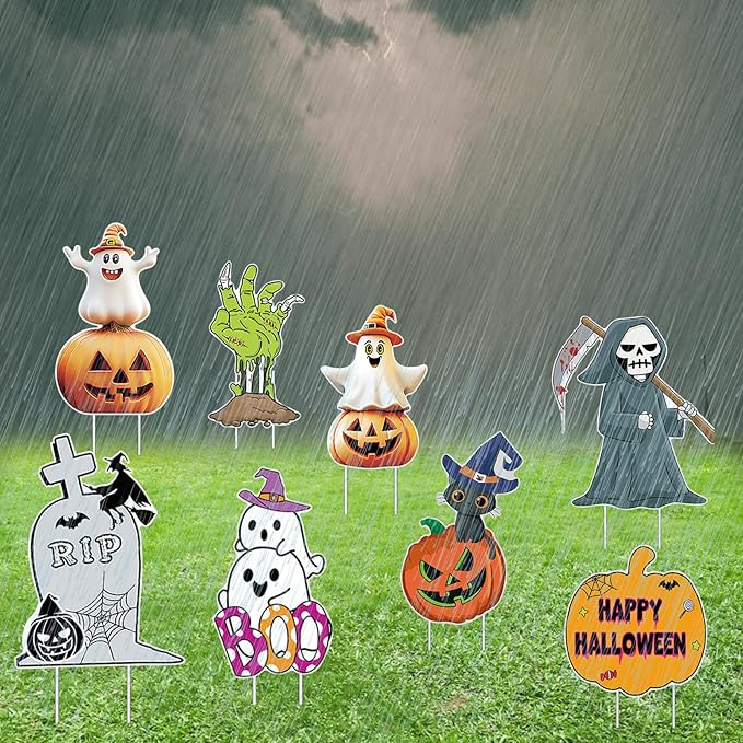 8 PCS Cute Halloween Decorations Outdoor Yard Signs,Large Yard Stakes Signs Pumpkin Ghost,Tombstone, Skeleton, Hand, Halloween Lawn Decoration for Family Friendly Kids Home Party